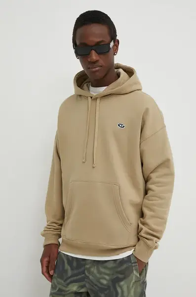 Bavlněná mikina Diesel S-ROB-HOOD-DOVAL-PJ pánská, béžová barva, s kapucí, hladká, A03786.0BKAF