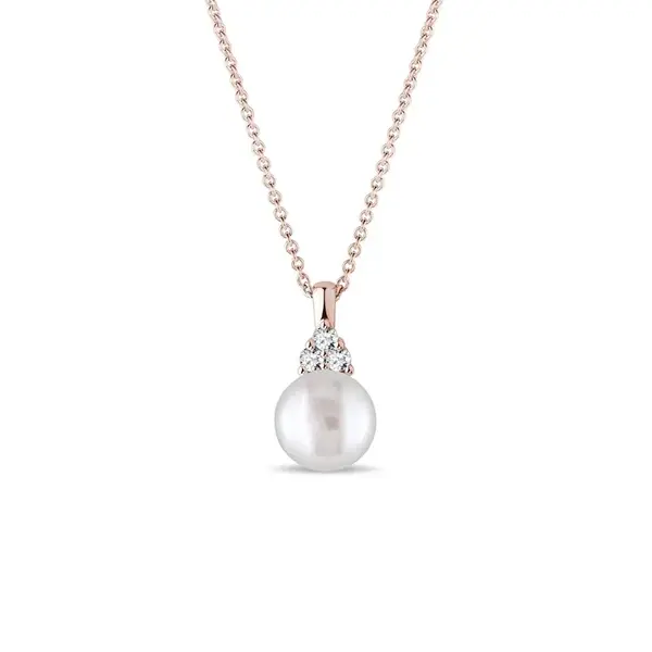 Náhrdelník se sladkovodní perlou a brilianty v růžovém zlatě KLENOTA