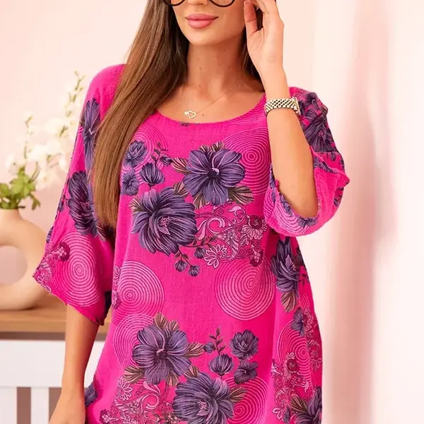 Kesi Włoski Dámská bavlněná halenka s krátkým rukávem a květinovým vzorem fuchsie