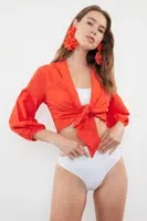Trendyol Red Crop Woven Tied Beach Blouse