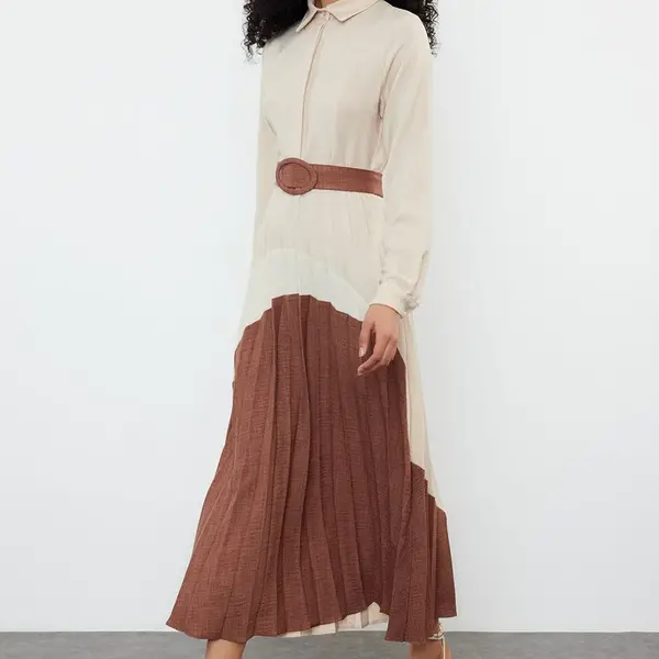 Trendyol Brown Color Block Woven Shirt Dress