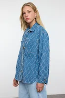 Trendyol Blue Textured Oversize Denim Shirt Jacket