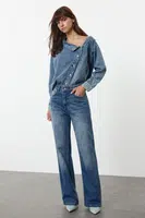 Trendyol Blue Stone Detailed High Waist Wide Leg Jeans