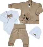 Bavlnená sada, body, nohavice, motýlik a čiapka Elegant Boy 5D,mocca/biela