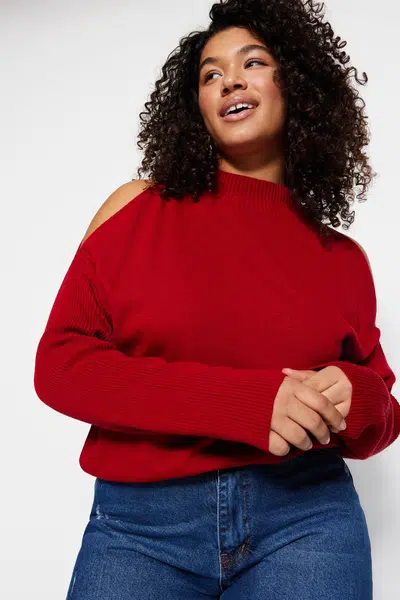 Trendyol Curve Red Cut Out Detailní pletený svetr