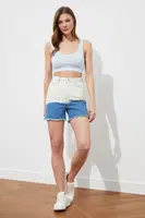 Trendyol Blue White Color-Blocked Tasseled Denim Shorts