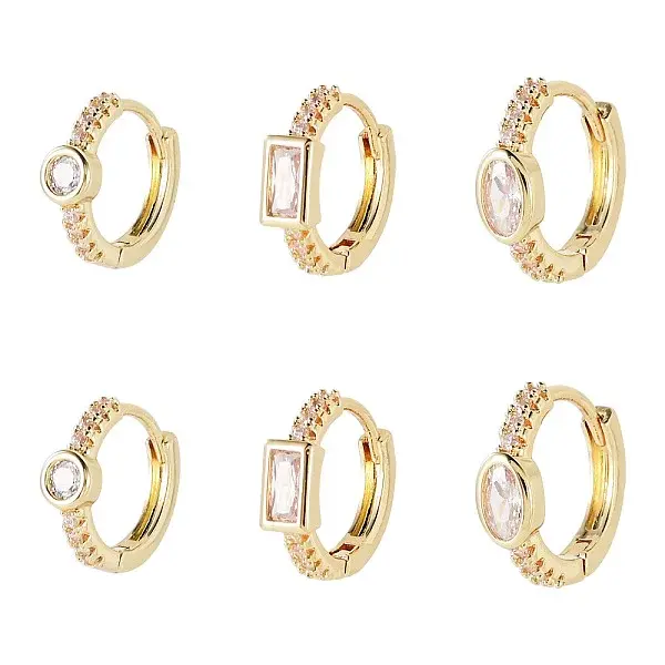 6Pcs 3 Styles Brass Micro Pave Clear Cubic Zirconia Hoop Earrings