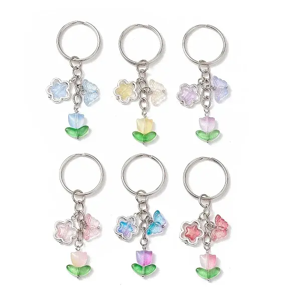 6Pcs Glass Butterfly Flower Keychain