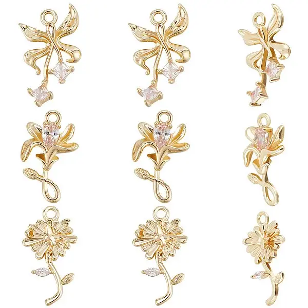9Pcs 3 Style Brass Micro Pave Cubic Zirconia Pendants Sets