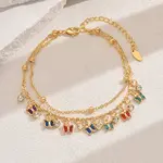 Fashionable Vintage Beach Style Brass Cubic Zirconia Double Layer Tassel Butterfly Adjustable Ladies Anklets