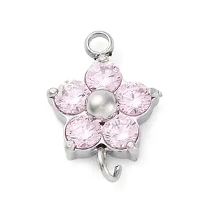 304 Stainless Steel Micro Pave Cubic Zirconia Flower Connector Charms