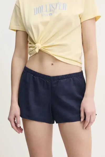 Lněné kraťasy Hollister Co. dámské, tmavomodrá barva, hladké, high waist, KI349-5077