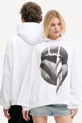 Bavlněná mikina Fiorucci Mouth Print Relaxed Fit Hoodie bílá barva, s kapucí, s potiskem, U02SPSHO092CJ05WH05