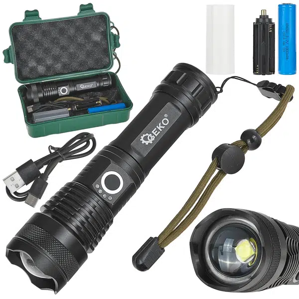 GEKO Taktická svítilna, LED XHP50, 15 W, 1500 lm, baterie 1800 mAh, krytí IPX8