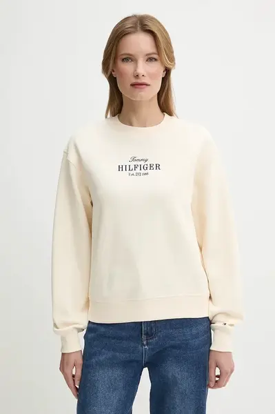 Bavlněná mikina Tommy Hilfiger dámská, béžová barva, s aplikací, WW0WW44631