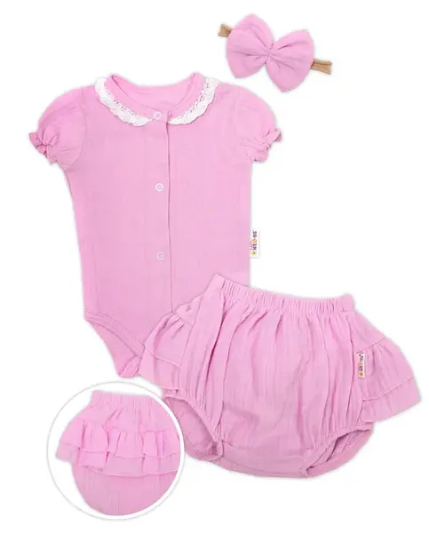3-dielna mušelínová súpravička, body, kraťasky + čelenka GIRL, ružová, veľ. 68