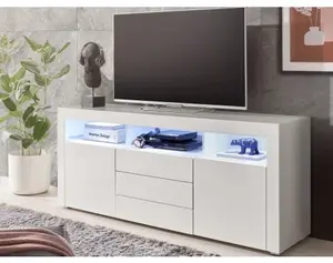 Široká TV skříňka Leeds, bílá lesk, s osvětlením