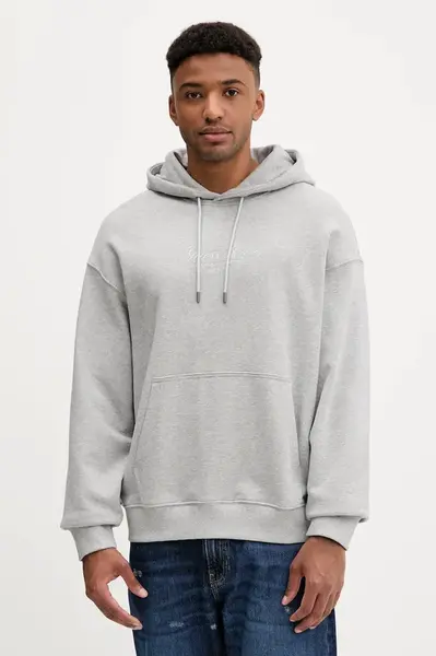 Bavlněná mikina Guess Jeans pánská, šedá barva, s kapucí, hladká, M5YQ16 KCPR1