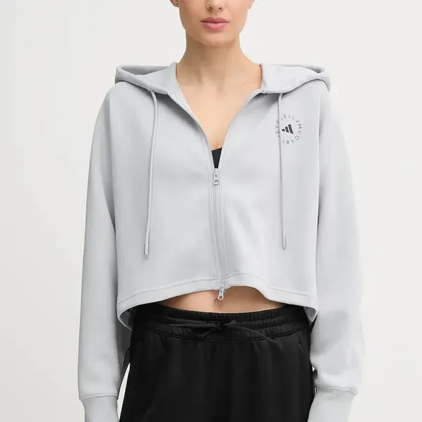 Tréninková mikina adidas by Stella McCartney dámská, šedá barva, s kapucí, s potiskem, JW4689