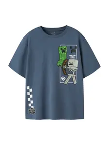 NAME IT Tričko 'NKMJUN MINECRAFT'  enciánová / svetlosivá / limetová / biela