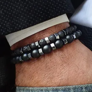 2Pcs 2 Style 8mm Round Natural Lava Rock & Frosted Black Agate Stretch Bracelets Set