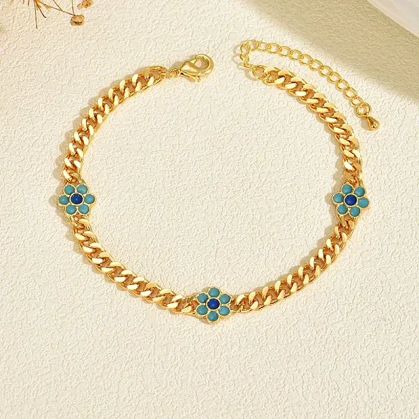 Brass Enamel Flower Link Chain Anklets for Women