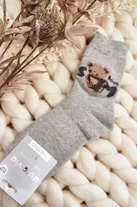 Aura.via Teplé Bavlněné Ponožky S Medvědem Šedé