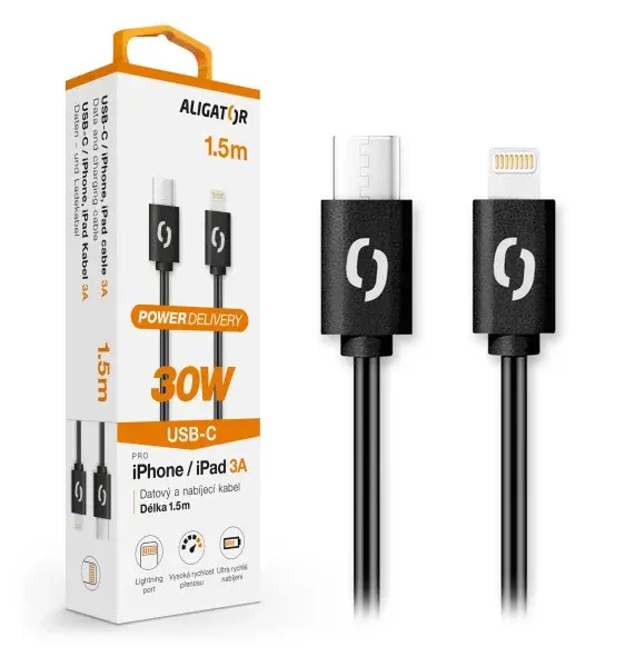 Datový kabel Aligator Power 30W, USB-C/Lightning 3A 1,5m, černá