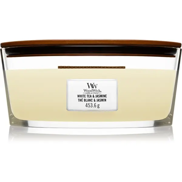 Woodwick White Tea & Jasmine vonná svíčka s dřevěným knotem (hearthwick) 453.6 g