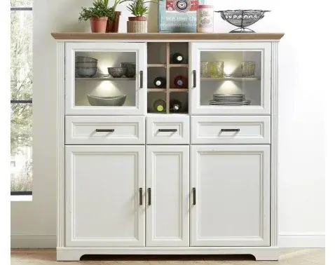 Vysoká komoda s vitrínami Jasmin, bielená pínia/dub, s osvetlením%