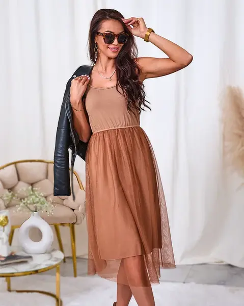 Resti Light brown women's midi dress with tulle