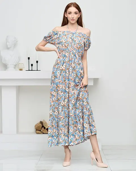 Resti Long orange summer dress for women with blue flowers - Clothing