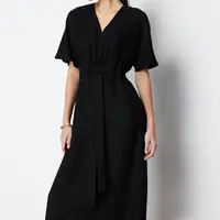 Trendyol Black Tie Detailed A-line V-neck Midi Woven Dress