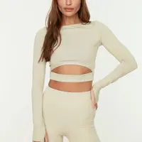 Trendyol Stone Crop Window/Cut Out and Thumb Hole Detail Knitted Sports Top/Blouse
