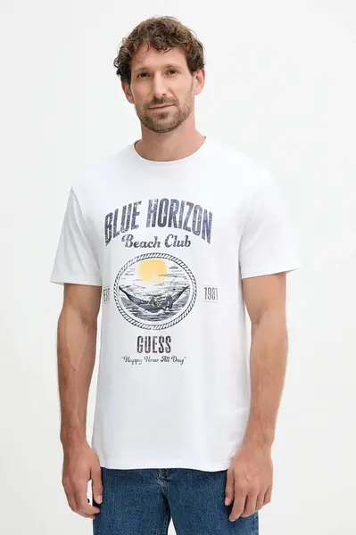 Bavlněné tričko Guess pánské, bílá barva, s aplikací, M5YI69 KBW41