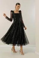 By Saygı Square Neck Long Sleeve Lined Sequined Beaded Dress
