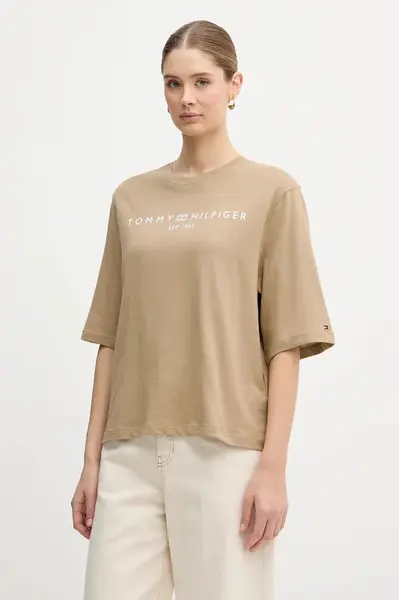 Bavlněné tričko Tommy Hilfiger dámské, zelená barva, WW0WW47811