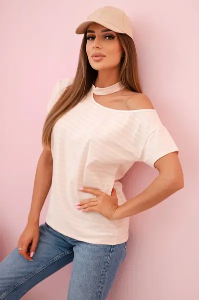 Kesi Dámska bavlnená blúzka s pruhmi na jedno rameno s chokerom pudrová ružová