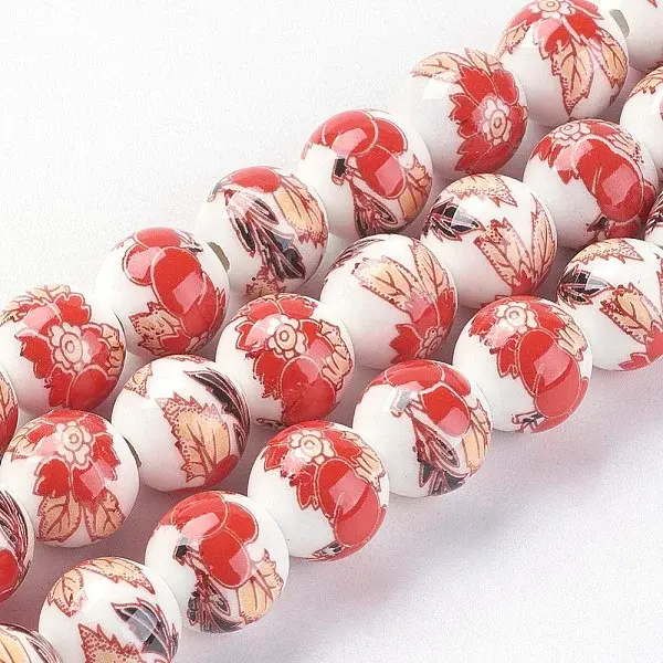 Handmade Flower Printed Porcelain Ceramic Beads Strands