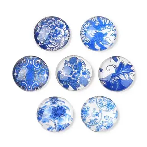 Blue and White Floral Printed Glass Cabochons