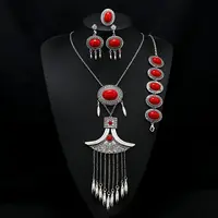 Oval Alloy with Resin Pendant Necklace & Stud Dangle Earring & Link Bracelet & Ring