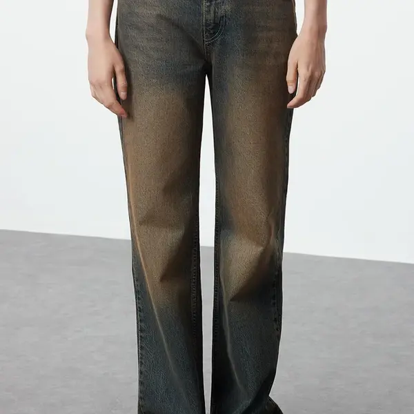 Trendyol tmavomodré bledé efektové vintage džínsy s vysokým pásom a širokými nohavicami