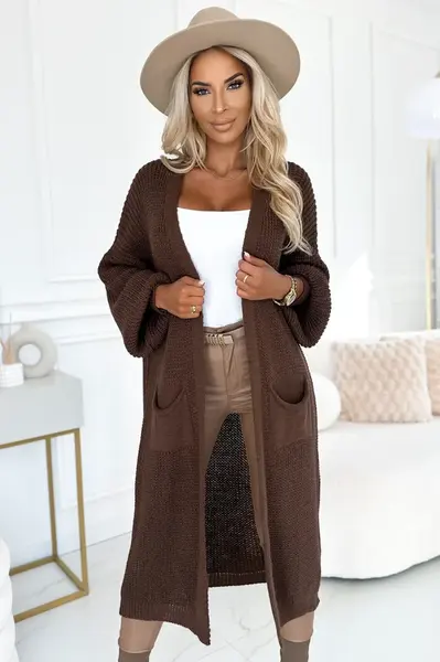 627-2 Kardigan - sweterkowa długa narzutka z kieszeniami - kolor czekoladowy