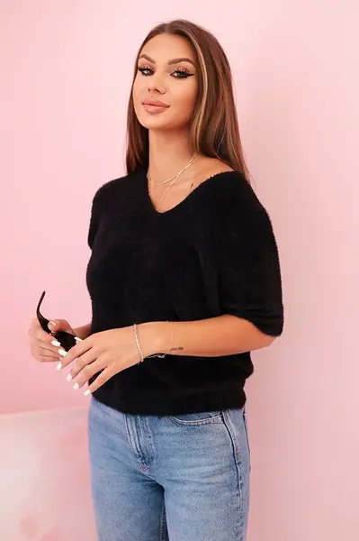 Kesi Włoski Dámsky sveter z mäkkého vlákna s V výstrihom krátky rukáv čierny