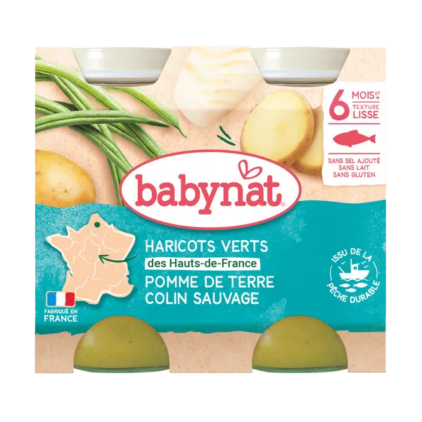 BABYBIO Zemiaky a zelené fazuľky s aljašskou treskou (2x 200 g) - mäsovo-zeleninový príkrm