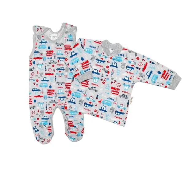 Baby Nellys 2 - dielna sada, bavlnené dupačky s košieľkou Auta, sivá