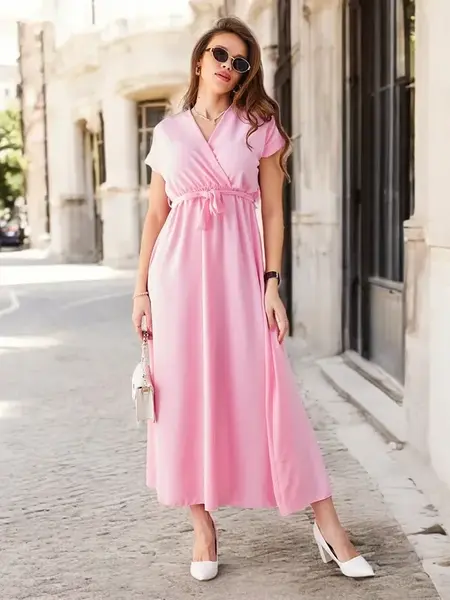 Resti Women's midi dress with a wrap neckline, short sleeves, and a belt