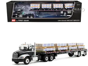Mack Pinnacle Day Cab with Minimizer Parts &amp; 53 Wilson Roadbrute Flatbed Trailer with "Carlisle Roofing" Loaded Pallets Black with Silver Top and