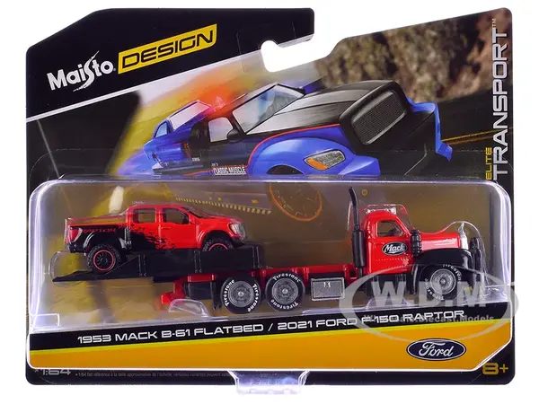 1953 Mack B-61 Flatbed Truck Red with Black and 2021 Ford F-150 Raptor Pickup Truck Red and Black "Elite Transport" Series 1/64 Diecast Models by Mai