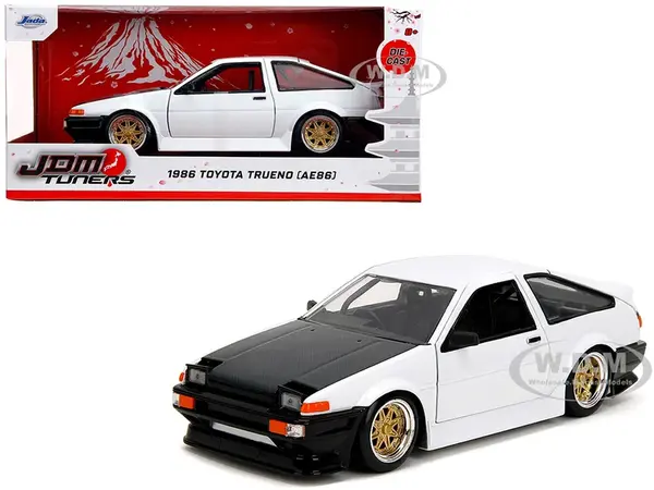 1986 Toyota Trueno (AE86) RHD (Right Hand Drive) White with Black Hood "JDM Tuners" Series 1/24 Diecast Model Car by Jada